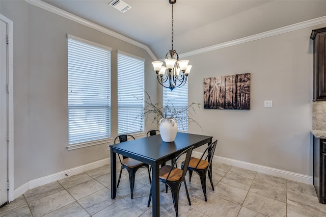 dining room with crown molding, a notable chandelier, light tile patterned floors, visible vents, and baseboards