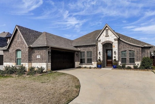 929 Merion Dr, Fort Worth, TX 76028 - french country home with brick siding, stone siding, a shingled roof, and driveway