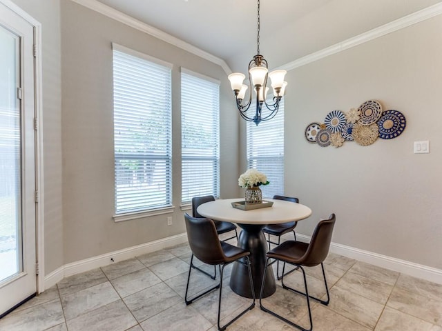 dining room with light tile patterned flooring, plenty of natural light, crown molding, and an inviting chandelier
