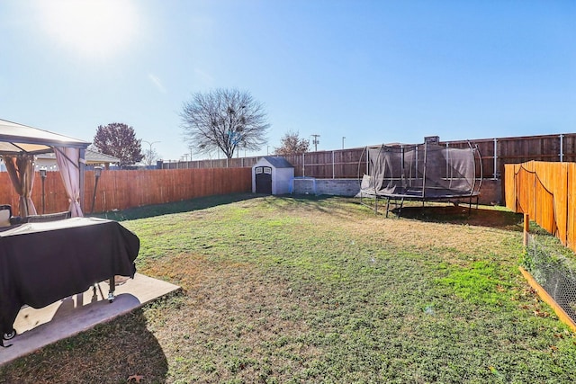 view of yard featuring a storage shed and a trampoline