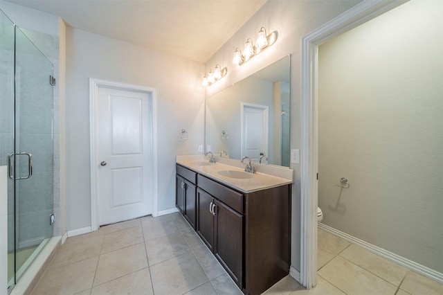 bathroom with tile patterned flooring, vanity, toilet, and a shower with door