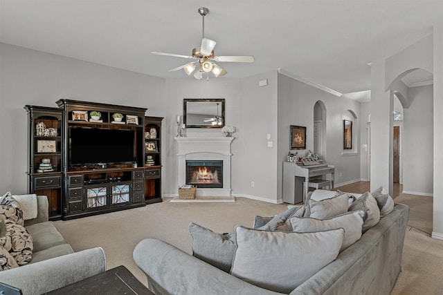 living room with ceiling fan and light carpet