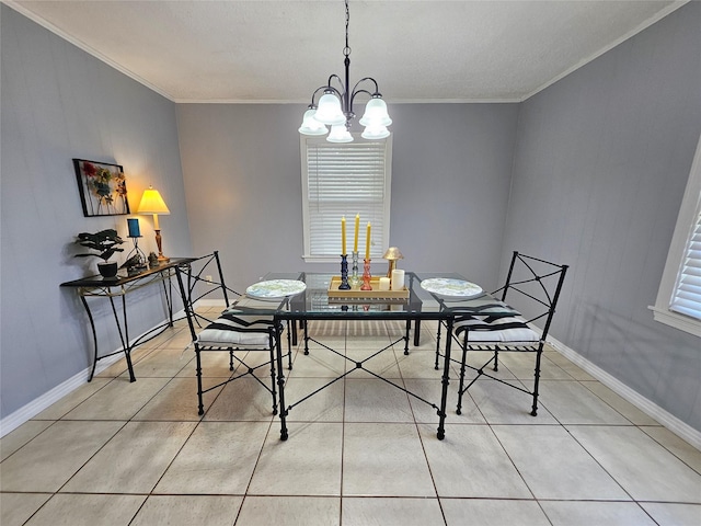 tiled dining area with ornamental molding and a chandelier