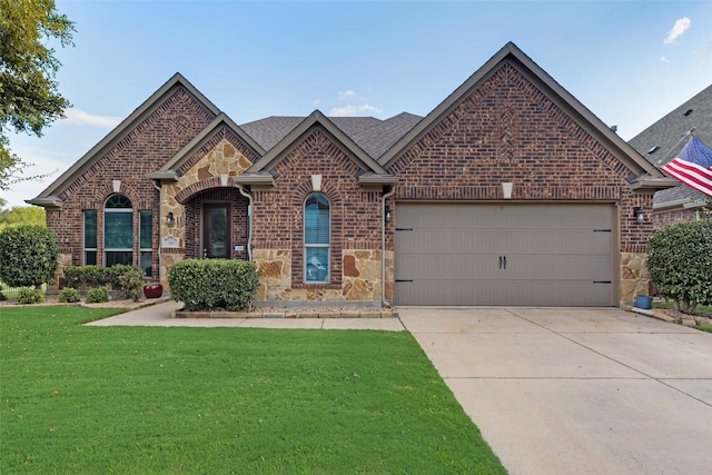 view of front of property with a garage and a front lawn