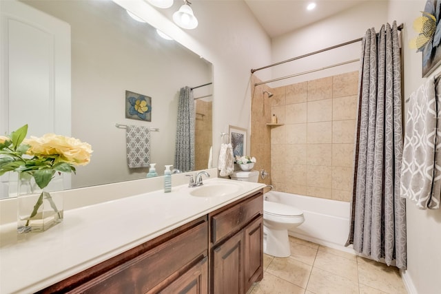 full bathroom with toilet, tile patterned floors, vanity, and shower / tub combo with curtain