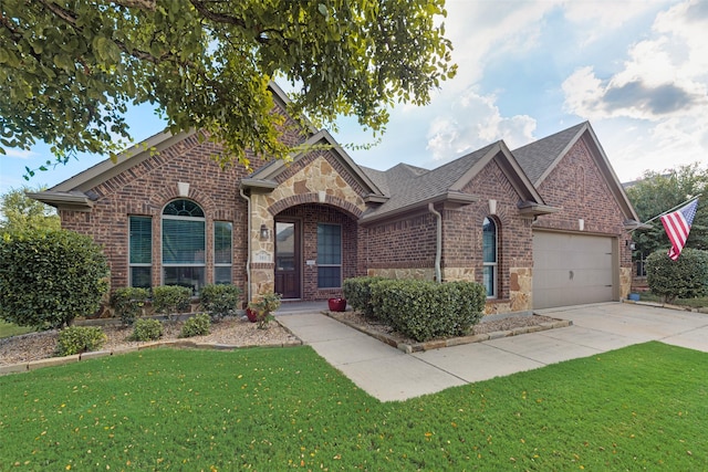 view of front of home featuring a front lawn and a garage