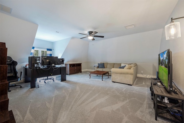 home office featuring light colored carpet and ceiling fan