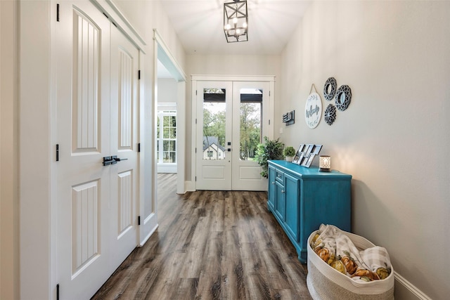 doorway to outside featuring dark wood-type flooring and french doors