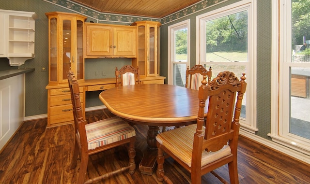 dining room featuring wooden ceiling and dark hardwood / wood-style floors