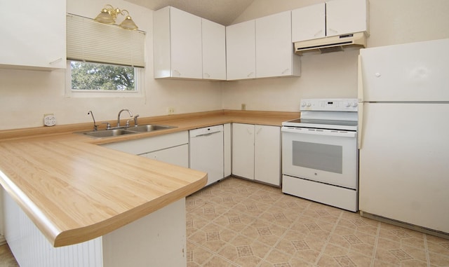 kitchen featuring kitchen peninsula, white cabinetry, sink, and white appliances