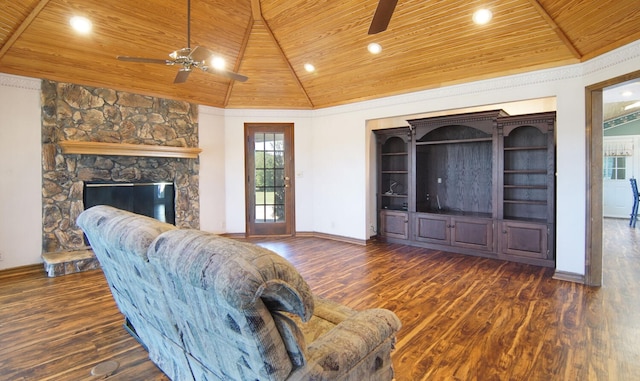 living room with high vaulted ceiling, a stone fireplace, dark wood-type flooring, and wood ceiling