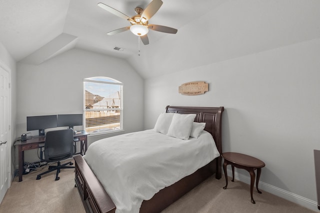 bedroom with lofted ceiling, light carpet, and ceiling fan