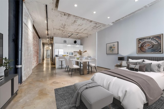 bedroom with stainless steel fridge with ice dispenser and brick wall