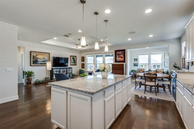 kitchen with white cabinetry, ceiling fan, a raised ceiling, decorative light fixtures, and a kitchen island