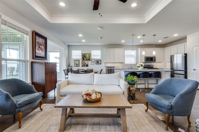 living room featuring light hardwood / wood-style flooring, a raised ceiling, ceiling fan, and crown molding