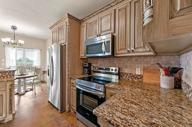 kitchen with stone countertops, stainless steel appliances, hanging light fixtures, a notable chandelier, and backsplash