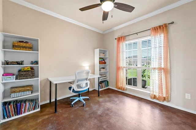 home office with baseboards, concrete floors, and ceiling fan