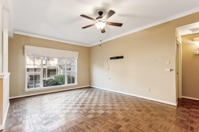 unfurnished living room with ceiling fan, dark parquet floors, and crown molding