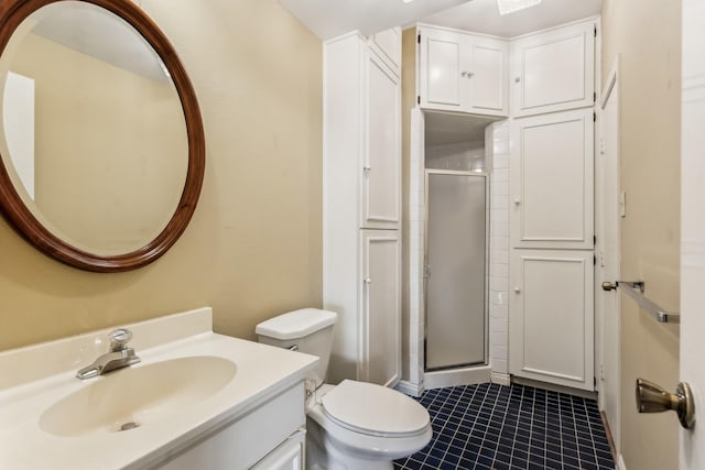 bathroom with tile patterned floors, vanity, toilet, and an enclosed shower