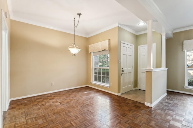 interior space featuring dark parquet flooring and ornamental molding