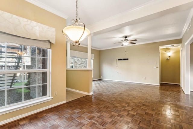 unfurnished room with dark parquet floors, ceiling fan, and crown molding