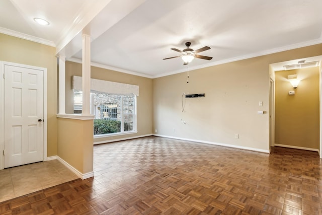 unfurnished living room with ceiling fan, dark parquet floors, and ornamental molding