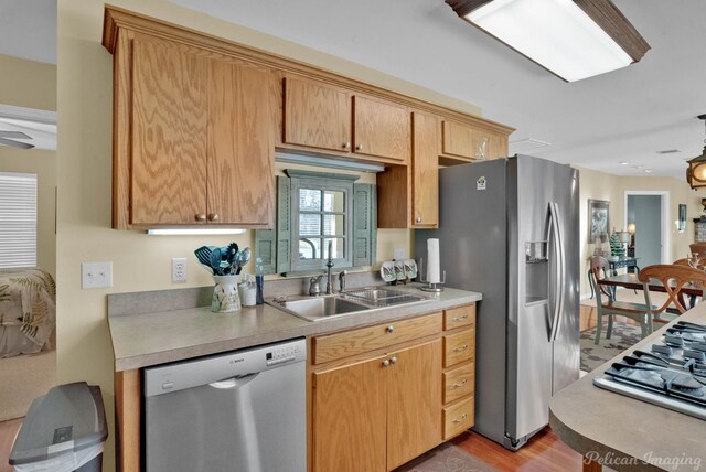 kitchen with appliances with stainless steel finishes, light hardwood / wood-style flooring, and sink