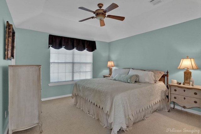 bedroom with light carpet and ceiling fan