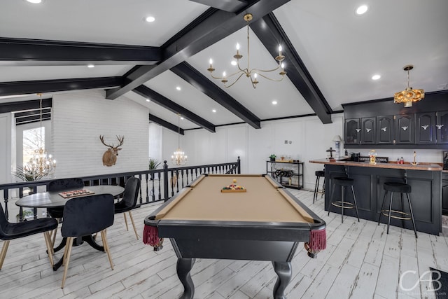 game room featuring an inviting chandelier, lofted ceiling with beams, billiards, and light wood-type flooring