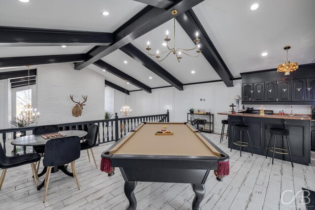 playroom with an inviting chandelier, billiards, light wood-type flooring, and vaulted ceiling with beams