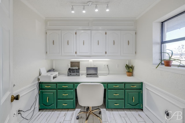 office featuring crown molding and a textured ceiling