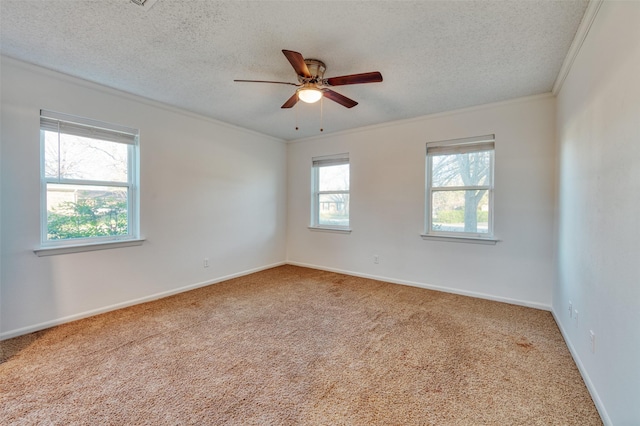 empty room featuring ceiling fan, crown molding, carpet floors, and a textured ceiling