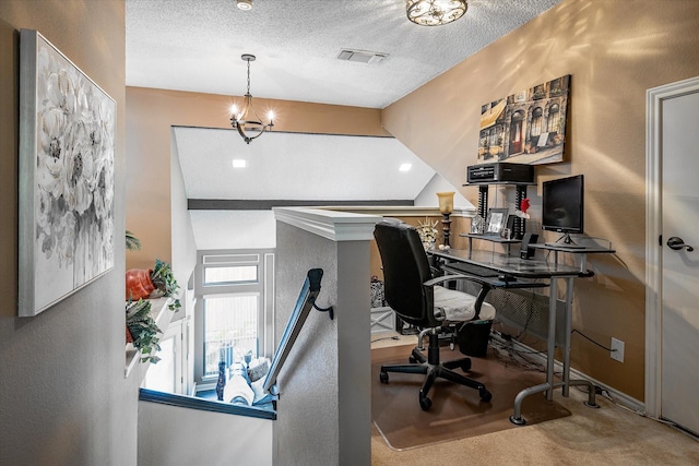 carpeted home office featuring a textured ceiling, an inviting chandelier, and lofted ceiling