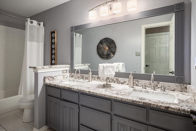 full bathroom with tile patterned floors, vanity, toilet, and shower / bathtub combination with curtain