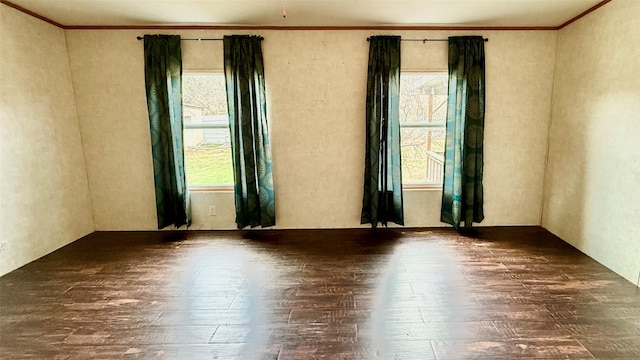 empty room featuring wood finished floors and ornamental molding