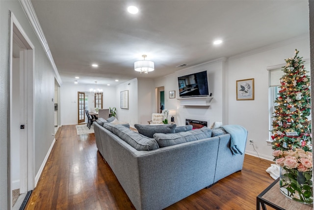 living room featuring crown molding and dark wood-type flooring