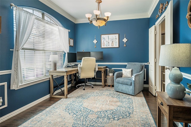 office space featuring crown molding, dark hardwood / wood-style floors, and a notable chandelier