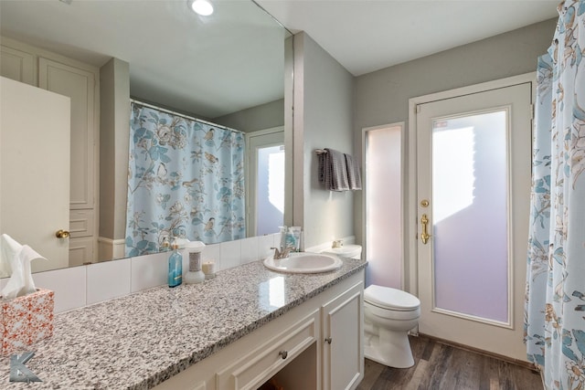 bathroom featuring toilet, vanity, and hardwood / wood-style flooring