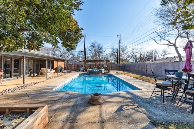 view of swimming pool with a patio area, an in ground hot tub, and a pergola