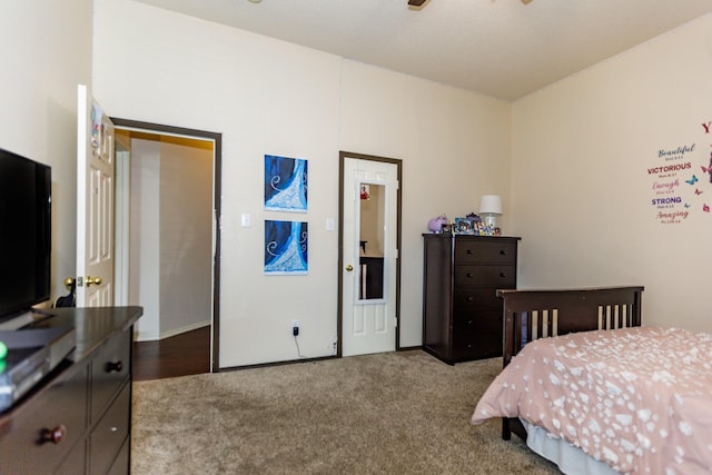 bedroom featuring ceiling fan and light colored carpet