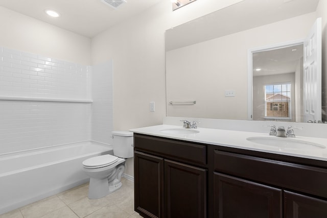 full bathroom featuring tile patterned flooring, vanity,  shower combination, and toilet