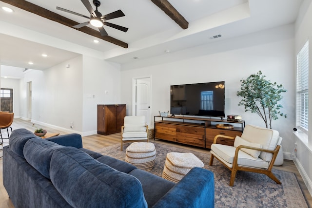 living area with baseboards, visible vents, light wood-style flooring, beam ceiling, and recessed lighting