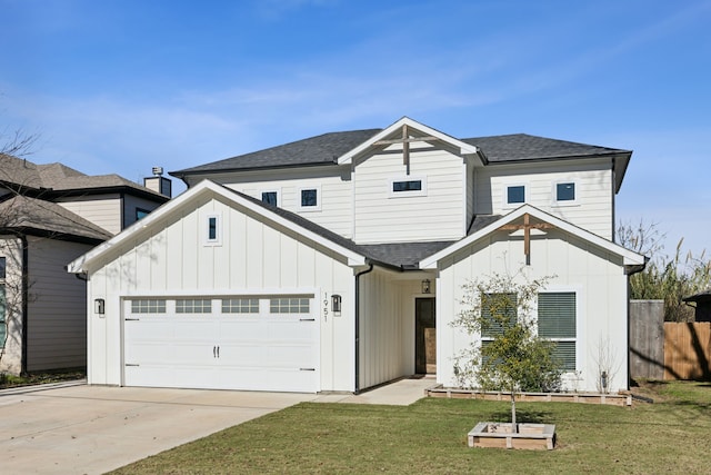 modern inspired farmhouse featuring driveway, a front yard, board and batten siding, and roof with shingles