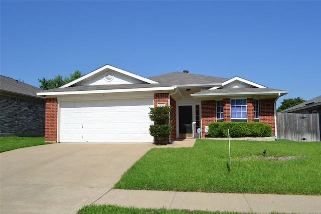 single story home featuring a front lawn and a garage