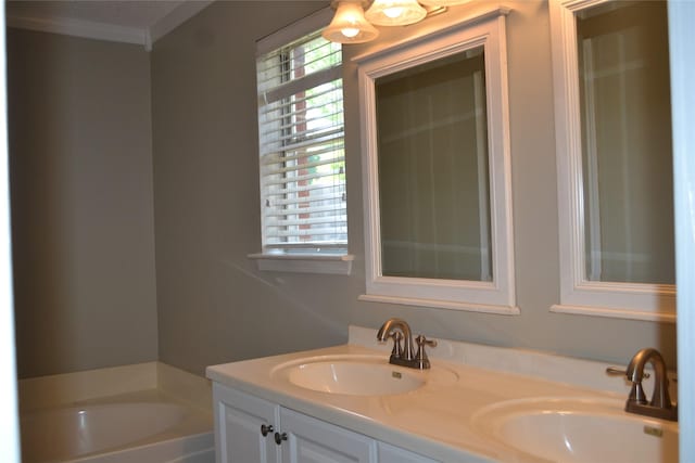 bathroom featuring a bathtub, vanity, and ornamental molding