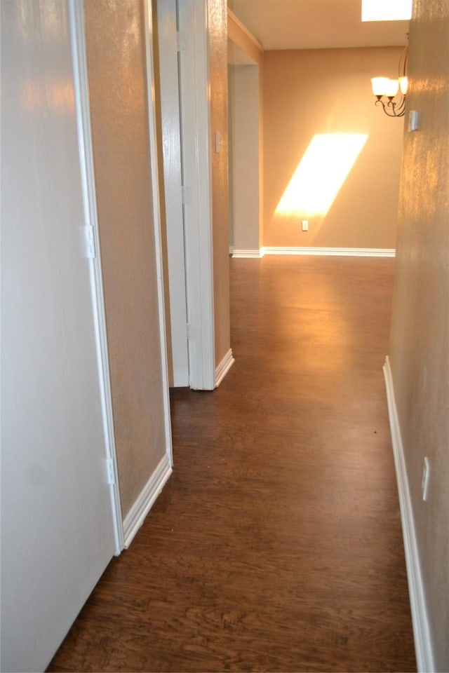 hallway featuring dark hardwood / wood-style floors and a notable chandelier