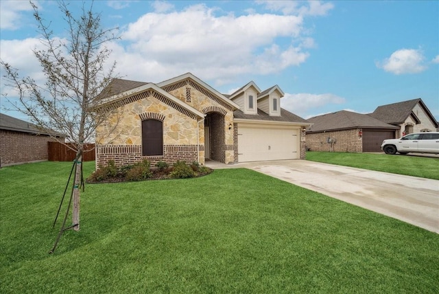 view of front of property with a garage and a front lawn