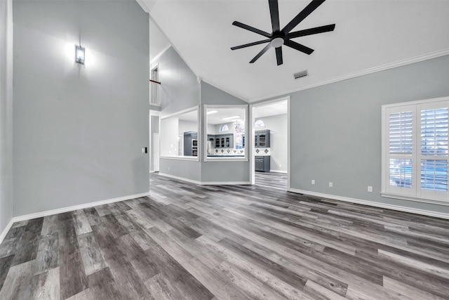 unfurnished living room with ceiling fan, crown molding, vaulted ceiling, and hardwood / wood-style flooring