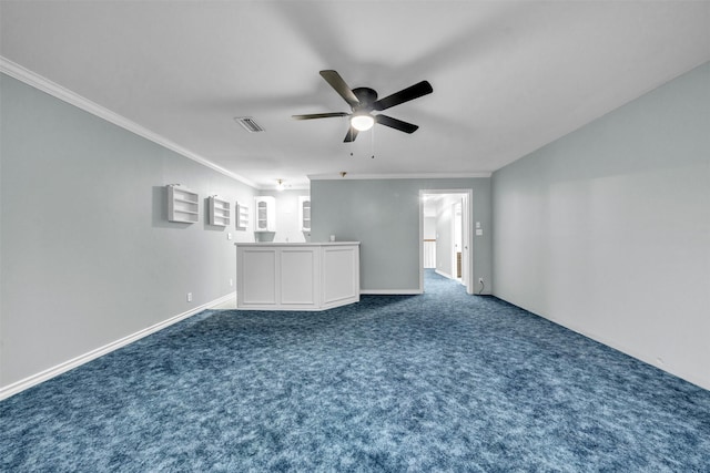 unfurnished living room with ceiling fan, crown molding, and dark carpet