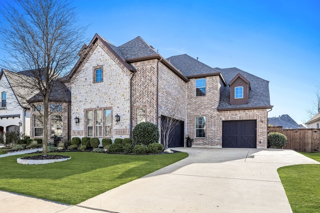 french country style house featuring a front lawn and a garage